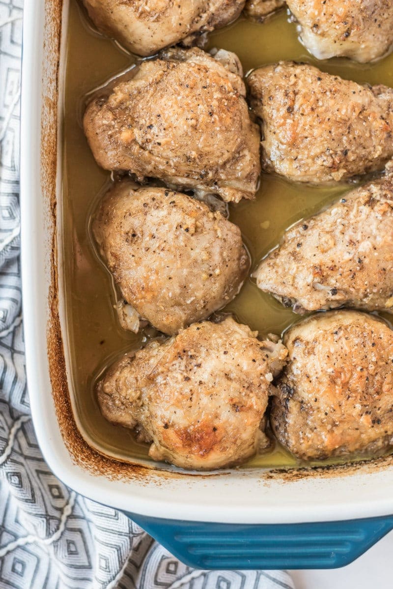 lemon parmesan chicken in white casserole dish