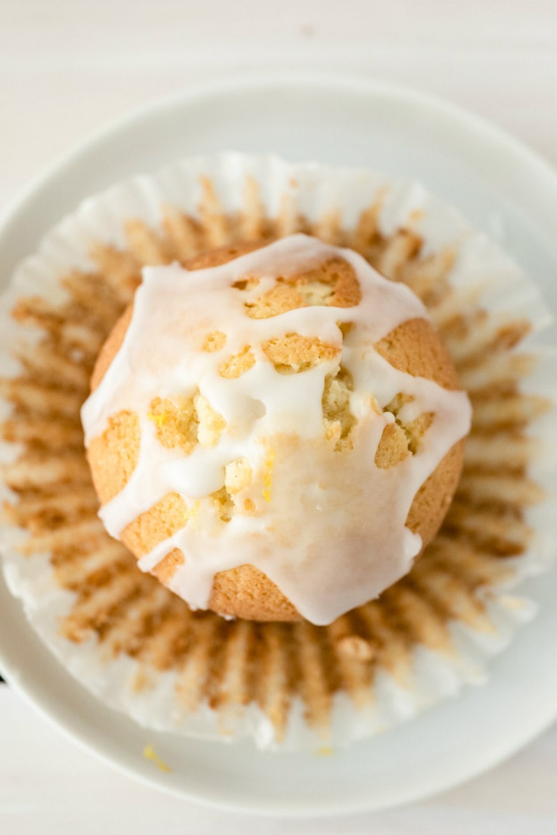 overhead shot of lemon pound cake muffin with wrapper removed