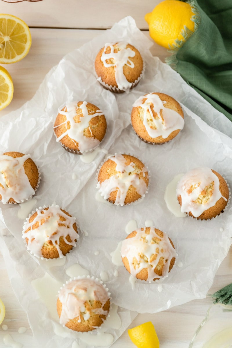 overhead shot of lemon pound cake muffins with glaze