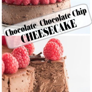pinterest collage image for chocolate chocolate chip cheesecake