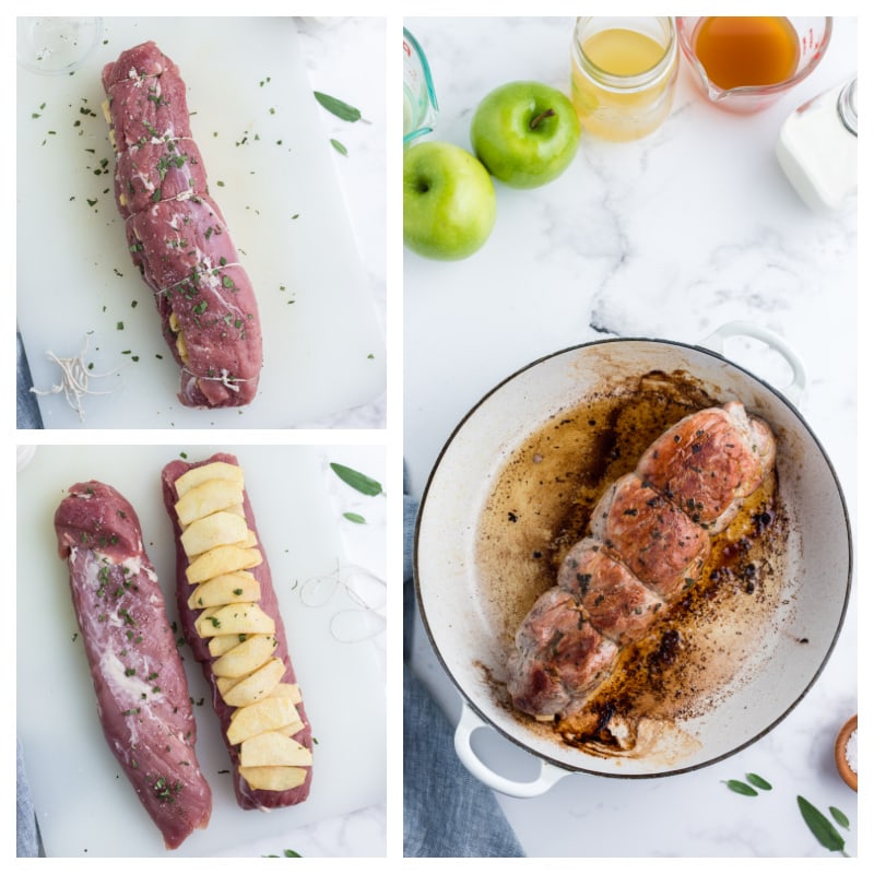 three photos showing pork with apple and cooked in pan