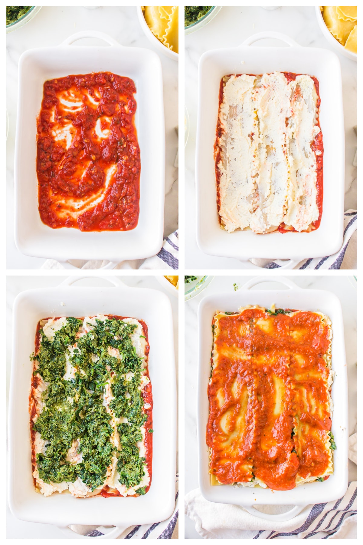 four photos showing how to make spinach, pesto and cheese lasagna