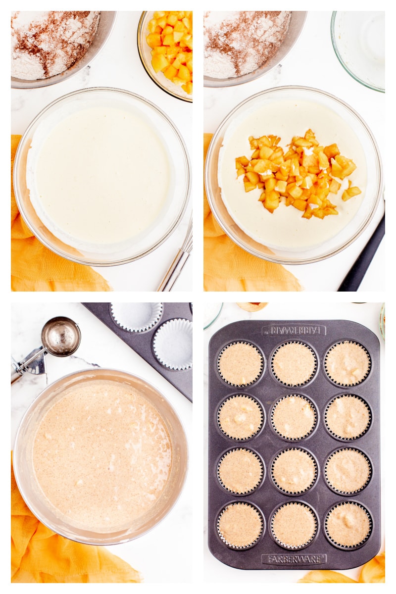 four photos showing how to assemble peach muffin batter and in pan