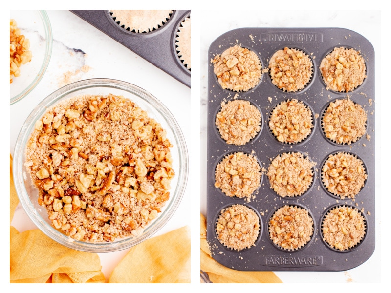 bowl of streusel and streusel topped peach muffins in pan ready for oven