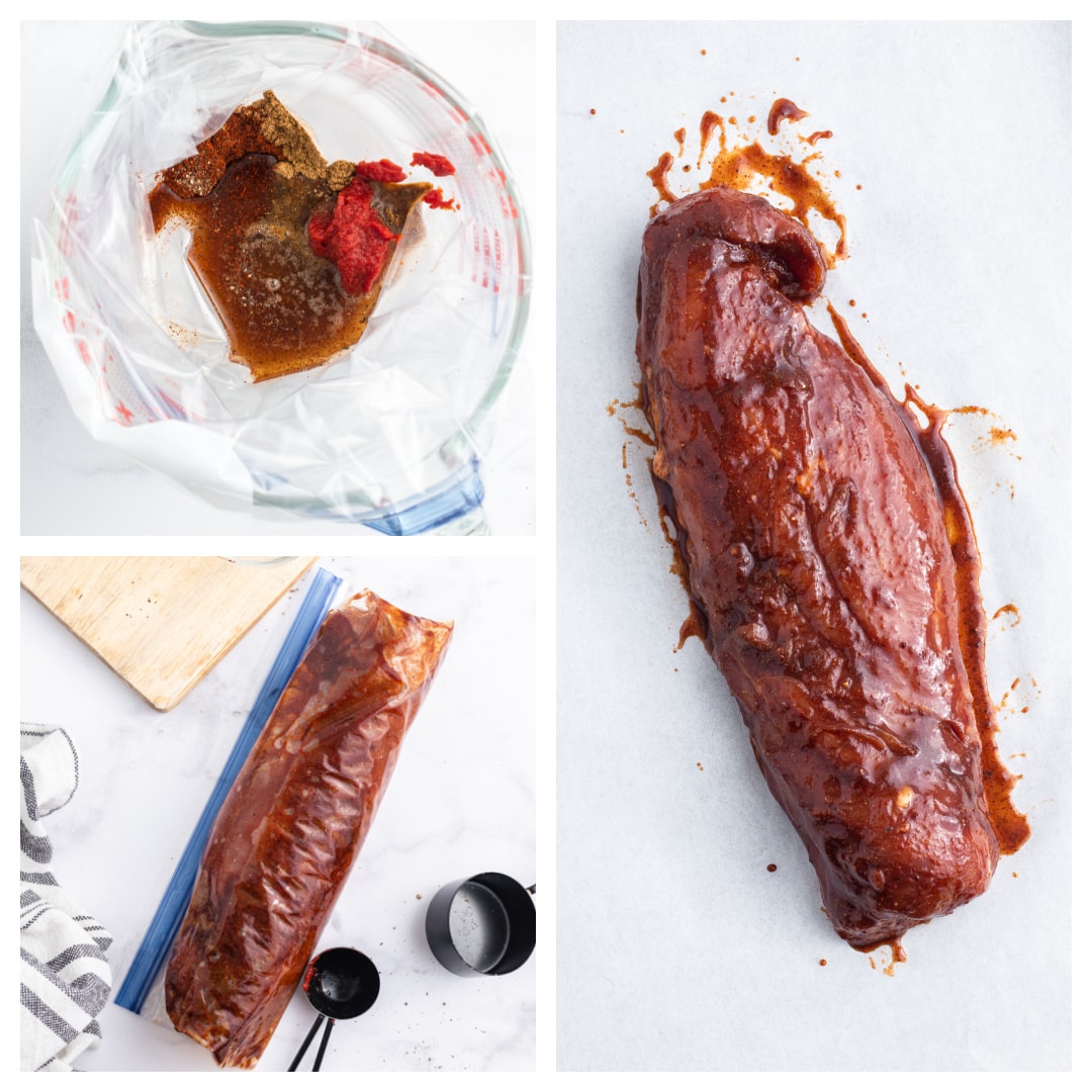 three photos showing how to make sweet and tangy roasted pork tenderloin