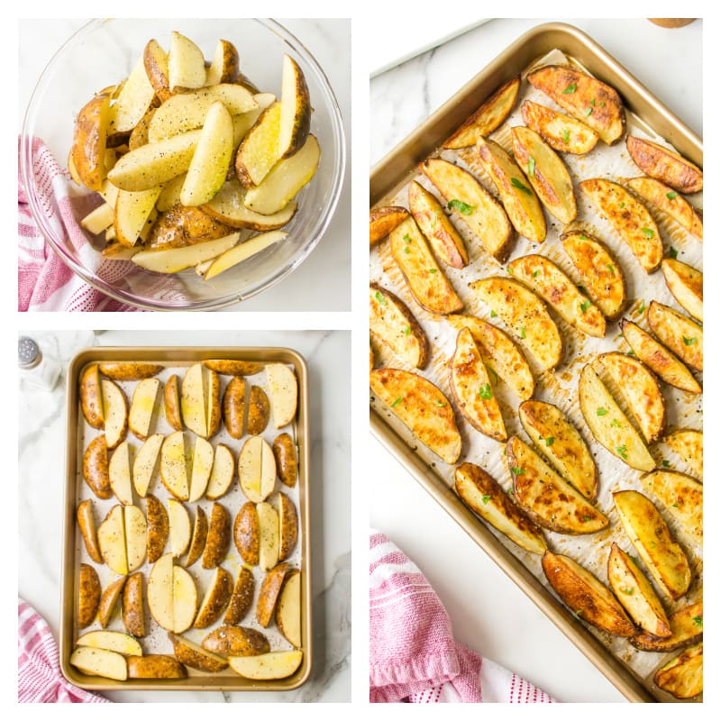 three photos showing how to make thick cut oven roasted fries