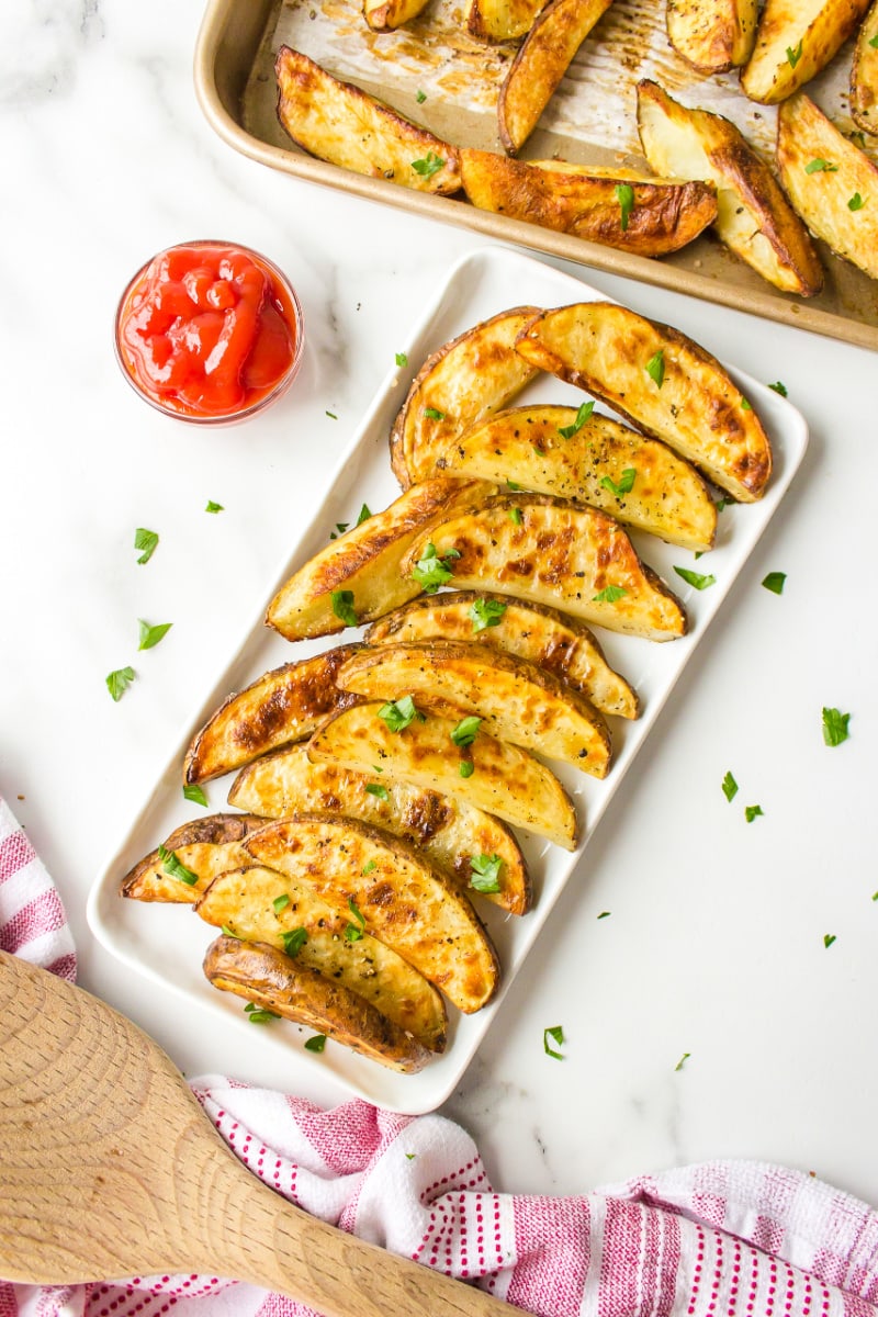 oven roasted fries on a display platter