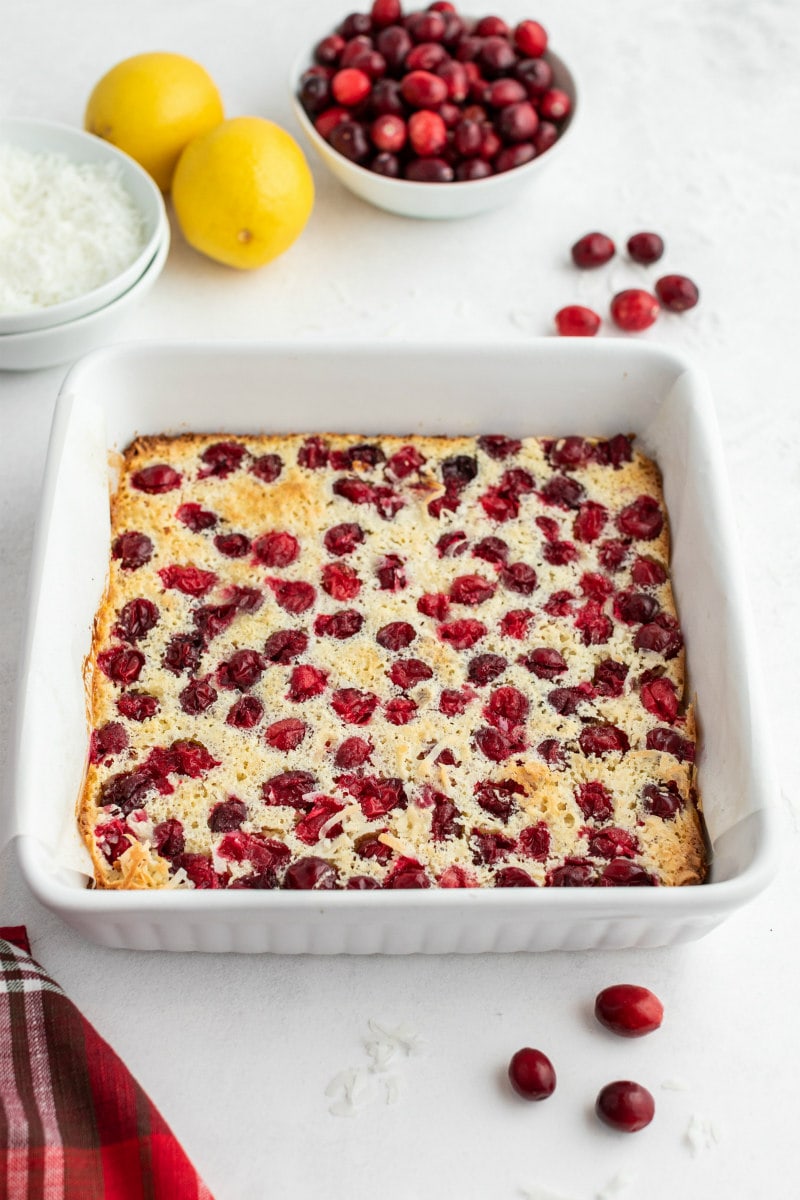 cranberry coconut squares baked in a square pan