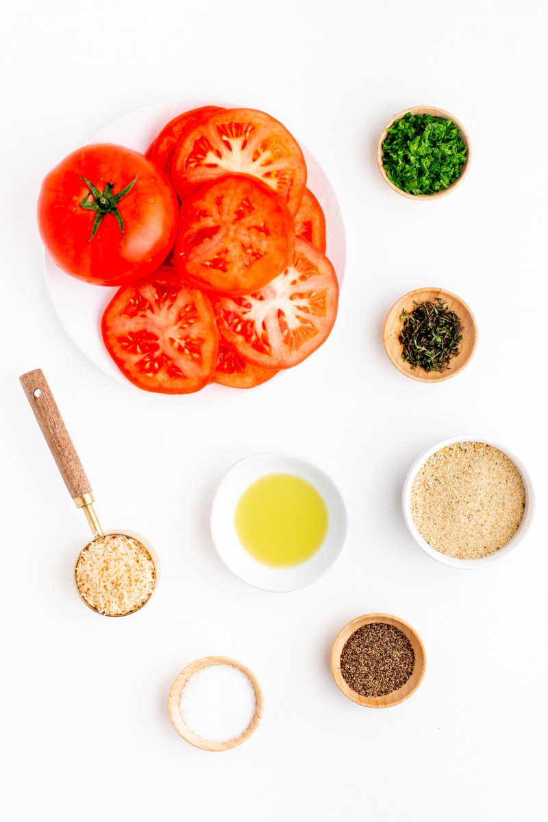 ingredients displayed for making tomatoes with asiago