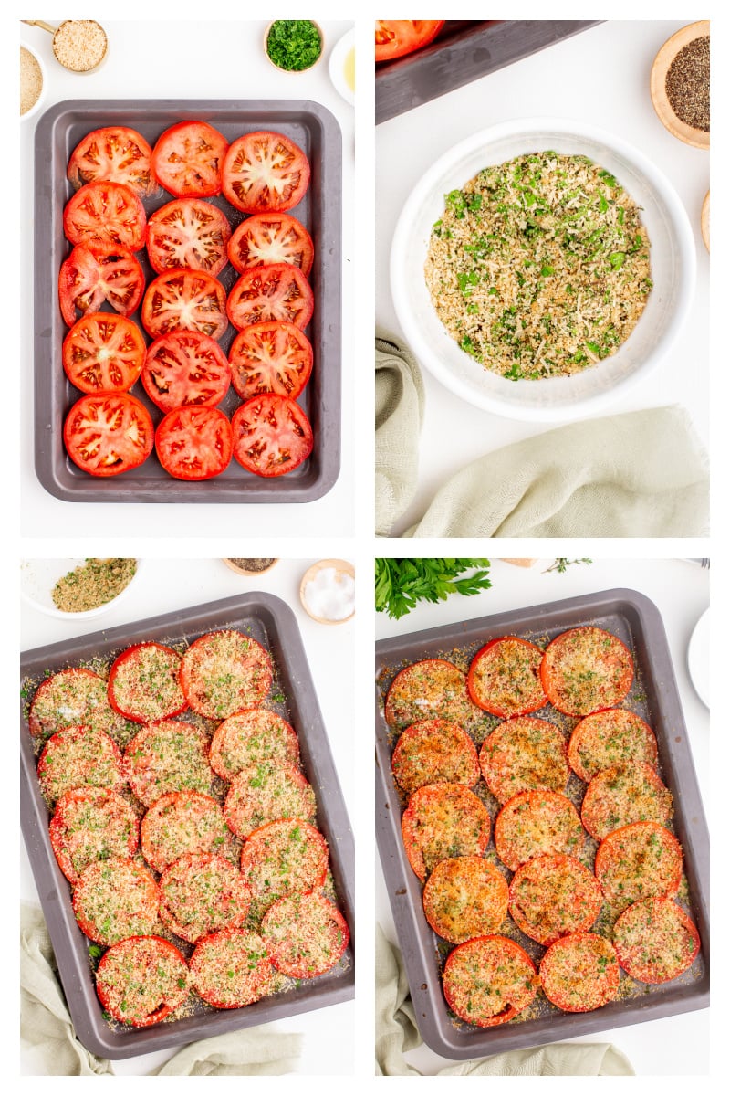 four photos showing how to make baked tomato slices with asiago cheese