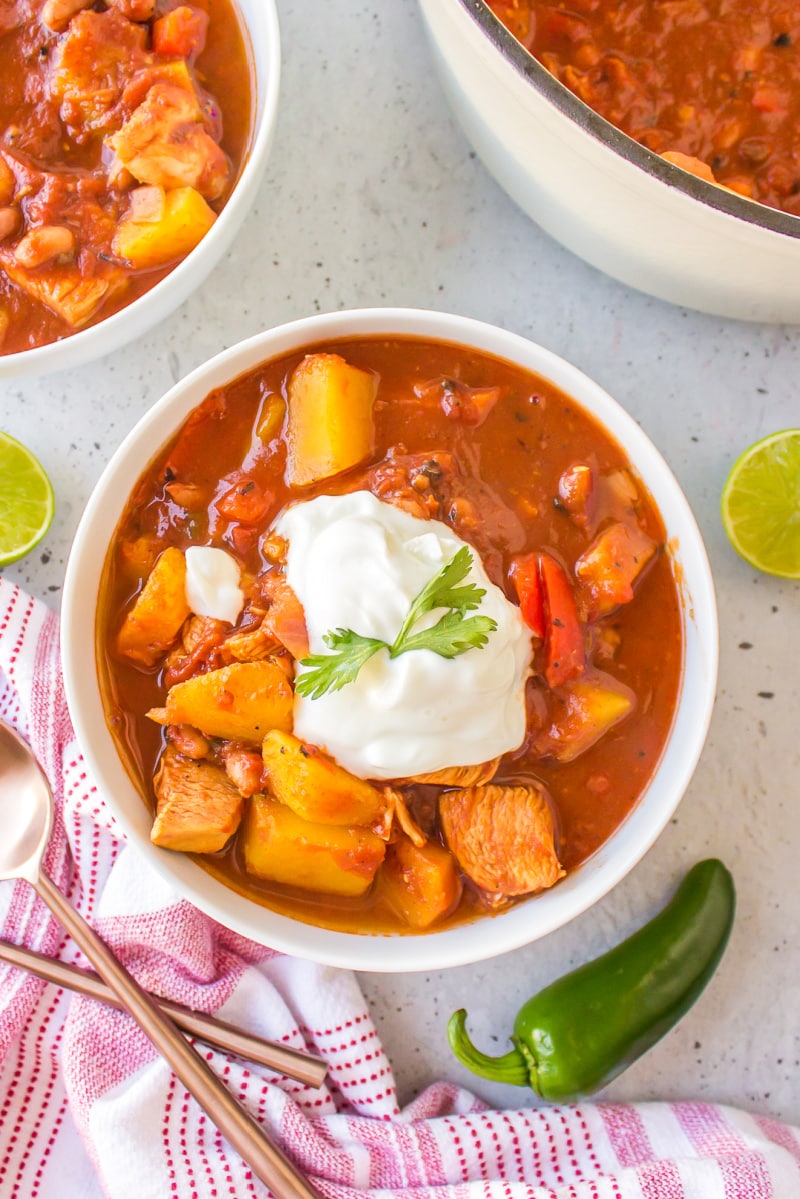 bowl of acorn squash and chicken chili