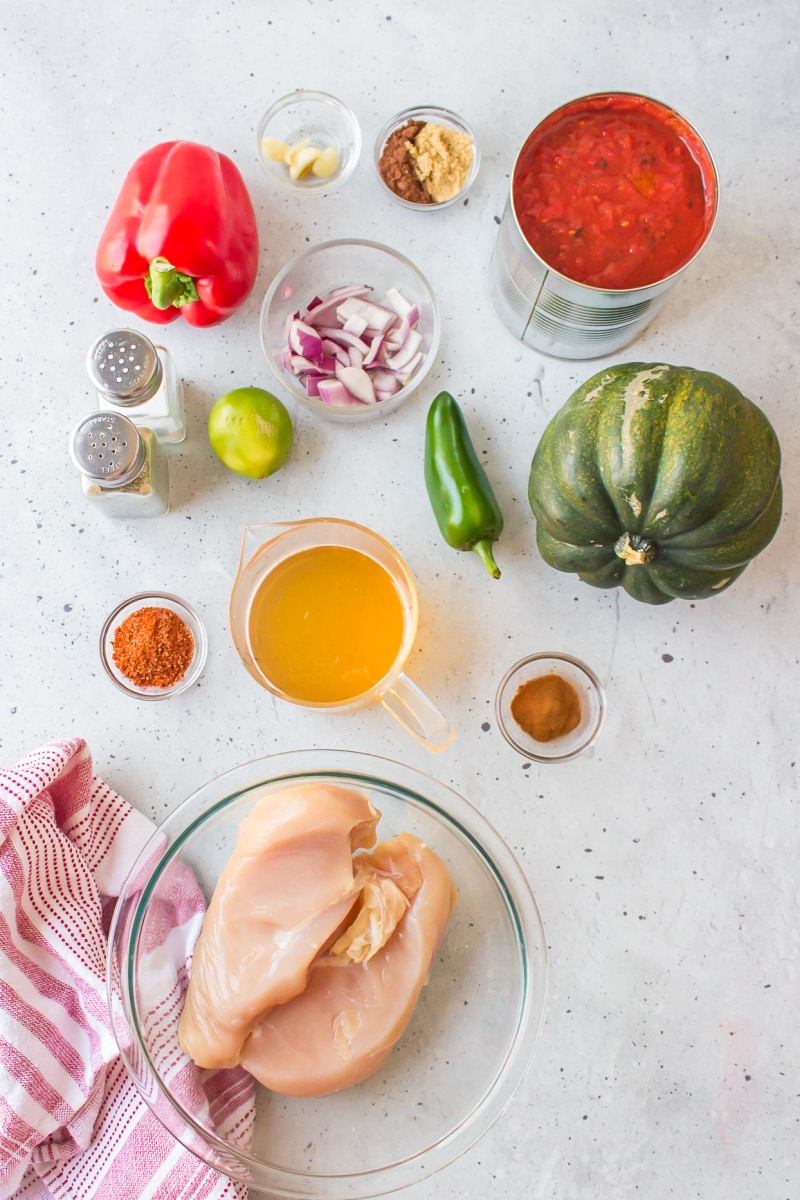 ingredients displayed for making acorn squash and chicken chili