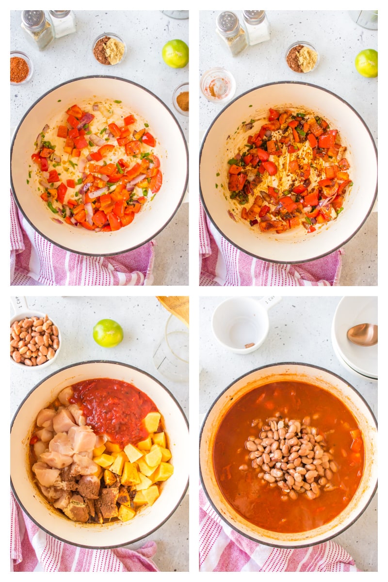 four photos showing how to make acorn squash and chicken chili
