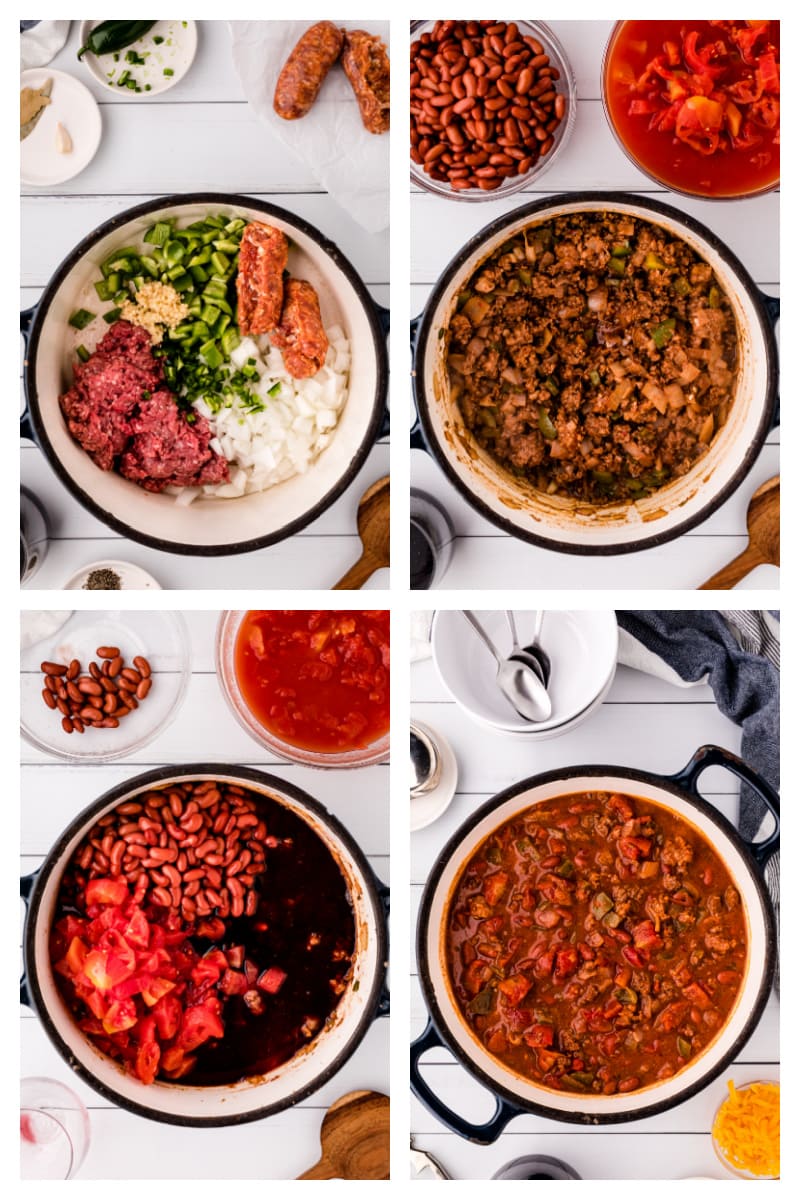 four photos showing how to make all american chili