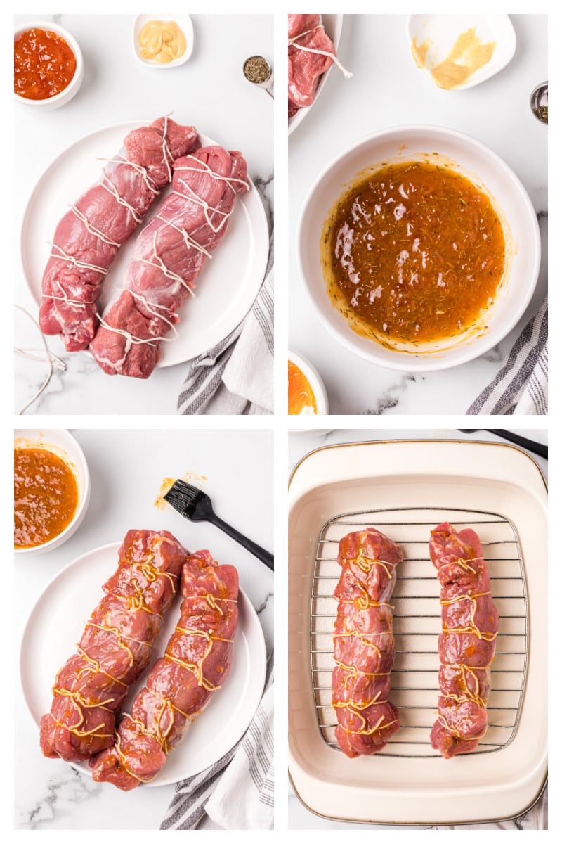 four photos showing how to make apricot pork roast