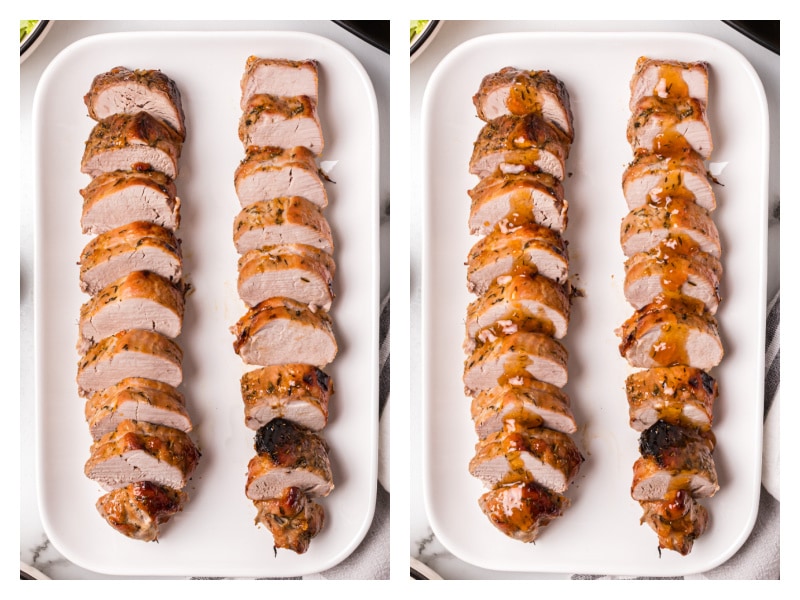 two photos showing sliced pork roast and then apricot glaze on top