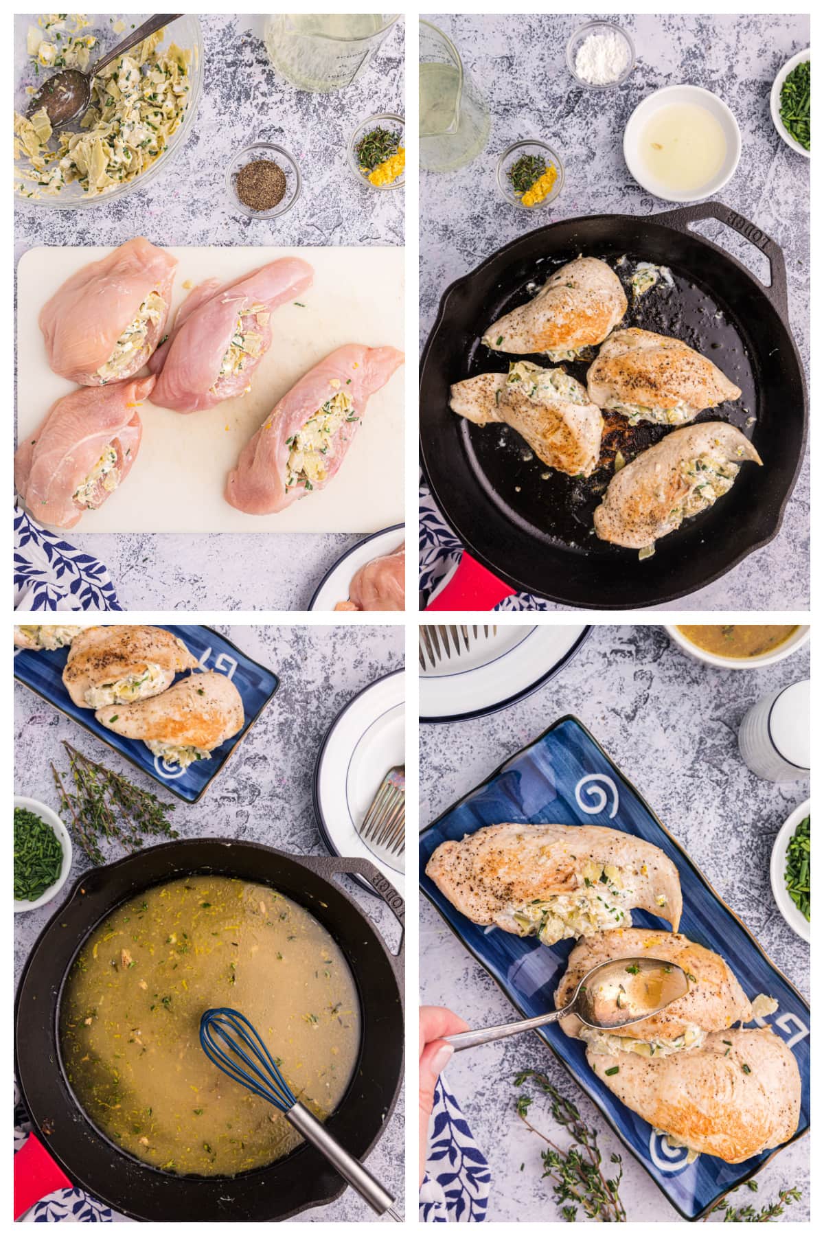 four photos showing how to make artichoke and goat cheese stuffed chicken