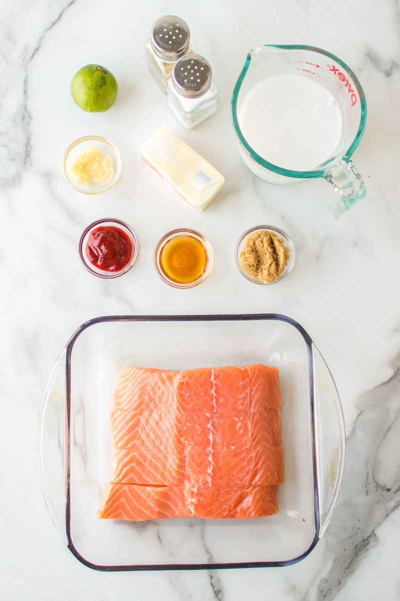 ingredients displayed for making baked salmon with creamy coconut ginger sauce