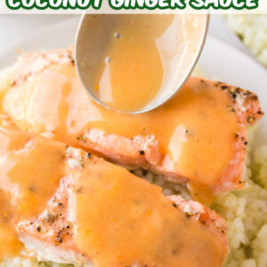pinterest image for baked salmon with creamy coconut ginger sauce