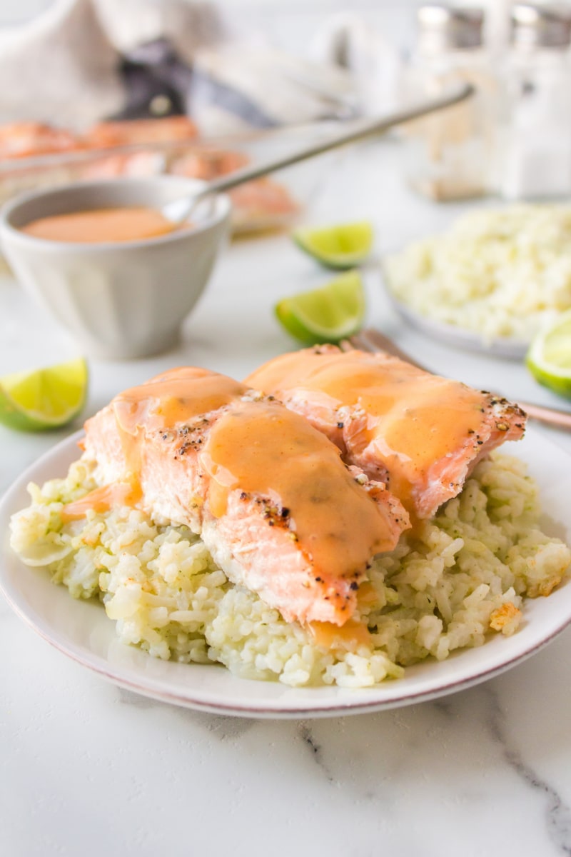 baked salmon on top of rice on a plate