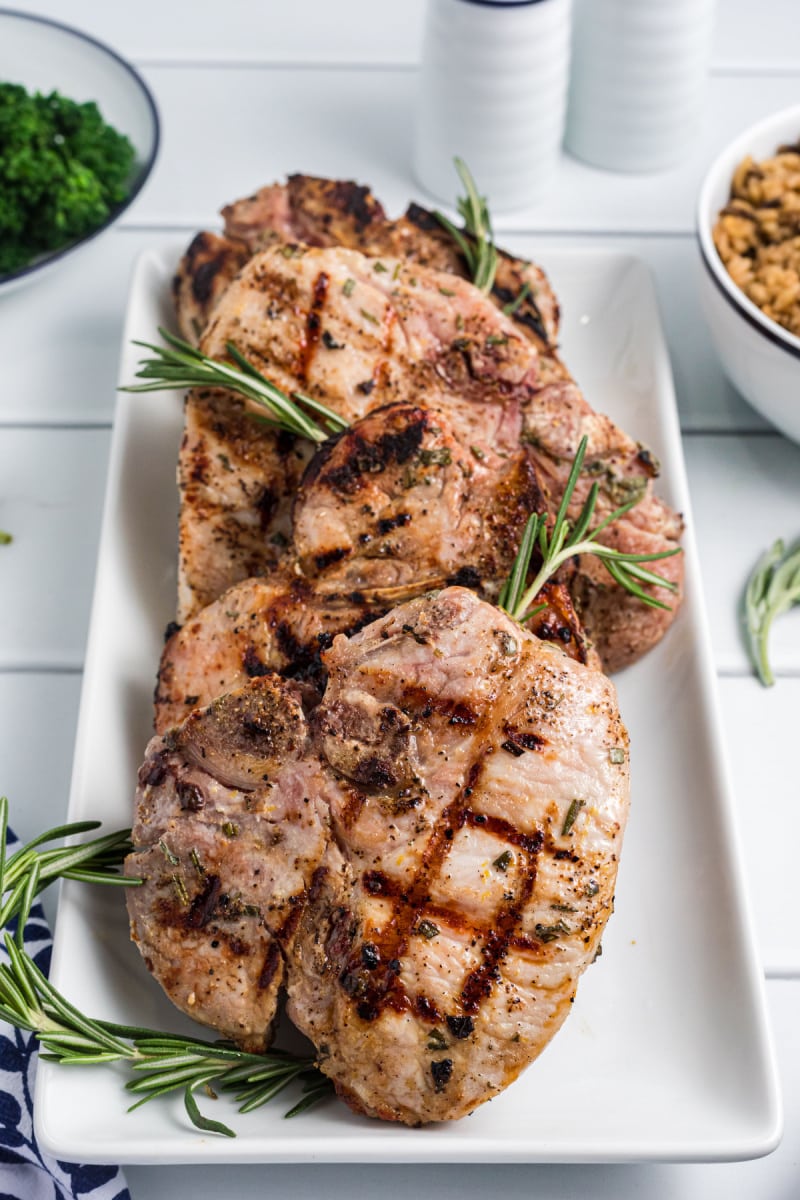 buttermilk brined pork chops grilled and put on serving platter