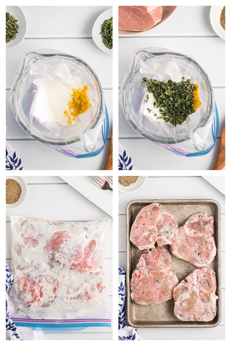 four photos showing how to marinate pork chops