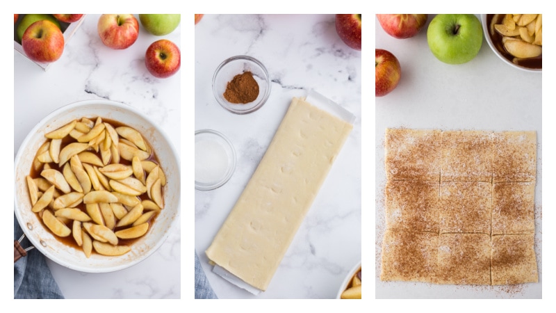 three photos apples in pan, puff pastry and puff pastry sprinkled with sugar and cinnamon