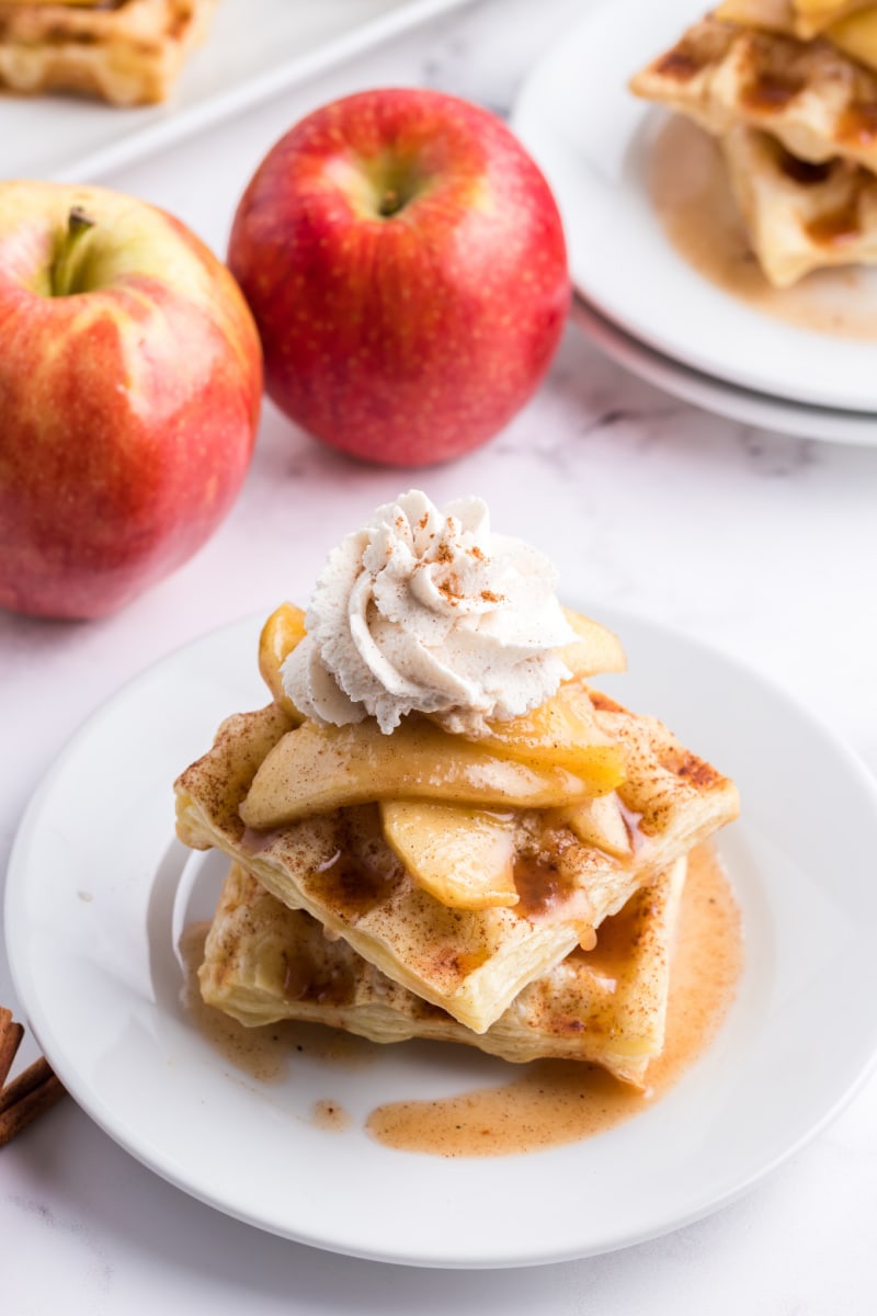 caramelized apple waffle pastry on a white plate