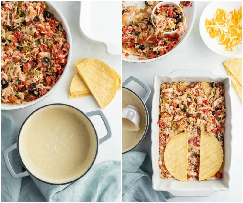 Chicken Enchilada Casserole recipe from RecipeGirl.com #chicken #enchilada #casserole #recipe #RecipeGirl process showing making chicken enchilada casserole