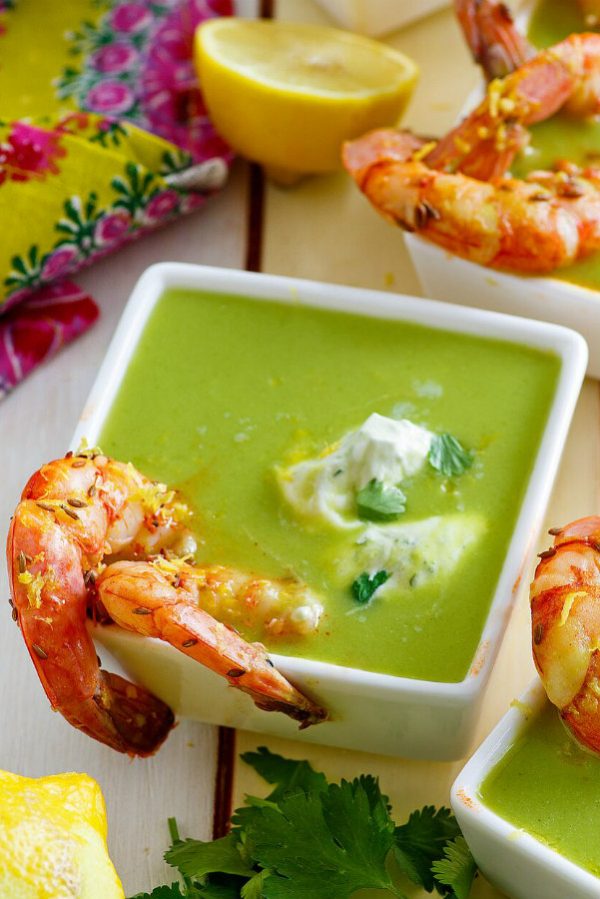 Bowl of Chilled Zucchini Soup with Shrimp