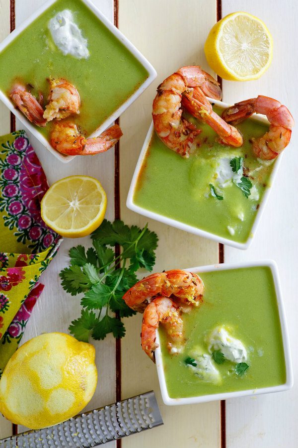 Bowls of Chilled Zucchini Soup with shrimp