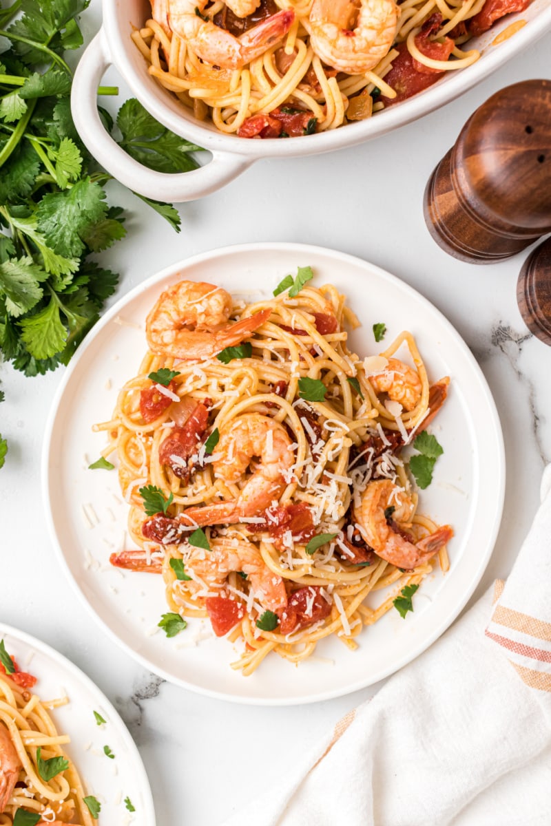 serving on plate of chipotle beer shrimp pasta