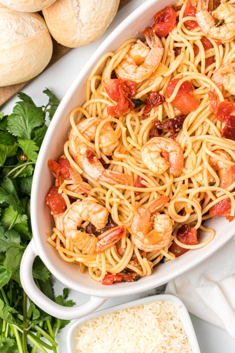 white casserole dish of chipotle beer shrimp pasta