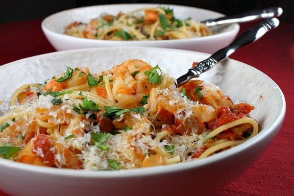 Chipotle Beer Shrimp with Pasta in two bowls