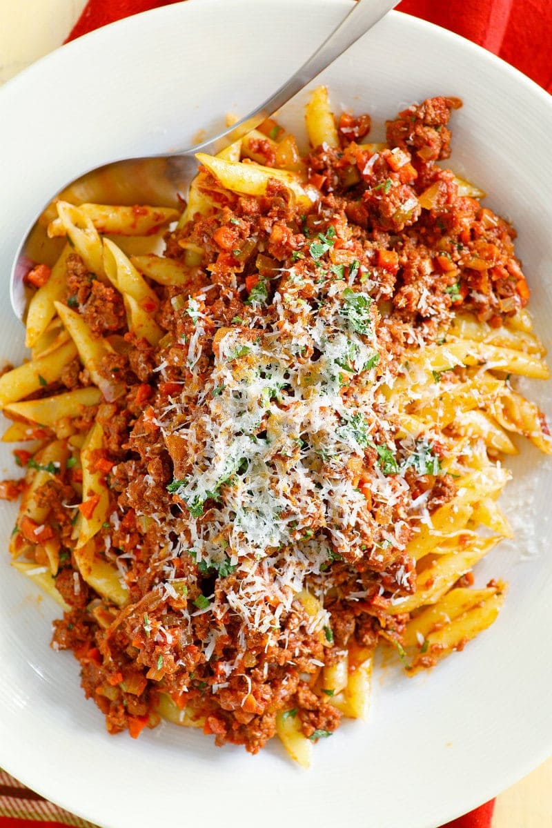Christmas Pasta recipe from RecipeGirl.com #christmas #pasta #recipe #holiday #RecipeGirl Christmas Pasta in a serving bowl
