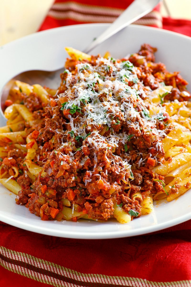 Christmas Pasta recipe from RecipeGirl.com #christmas #pasta #recipe #holiday #RecipeGirl Christmas Pasta in a serving bowl