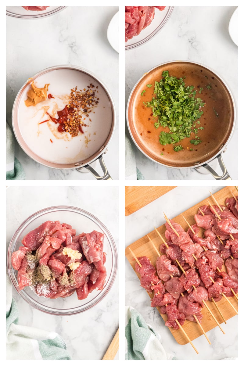 four photos showing how to make sauce and pork skewers