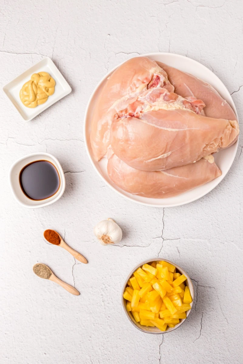 ingredients displayed for making crockpot pineapple chicken
