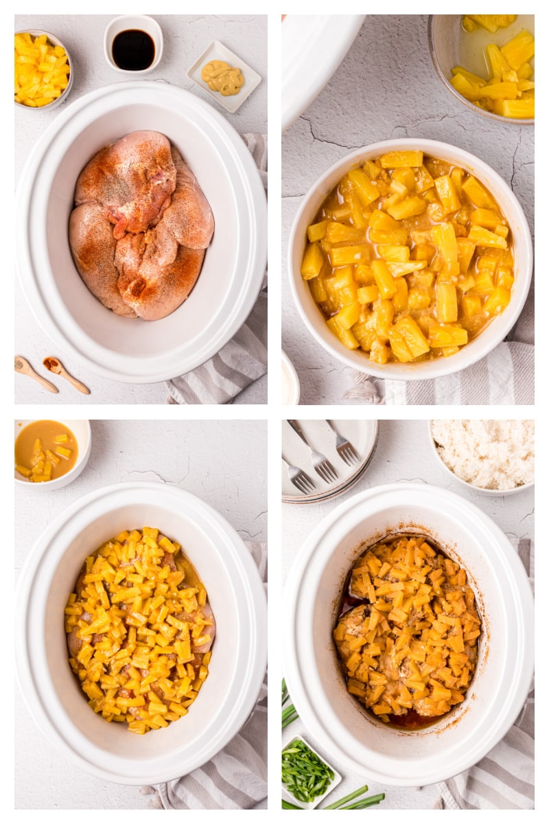 four photos showing how to make crockpot pineapple chicken