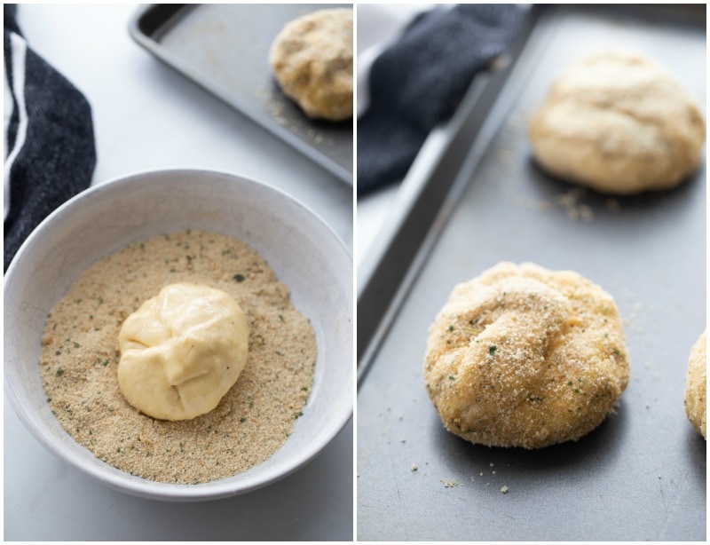 dipping crescent chicken into breadcrumbs and then placed on baking sheet