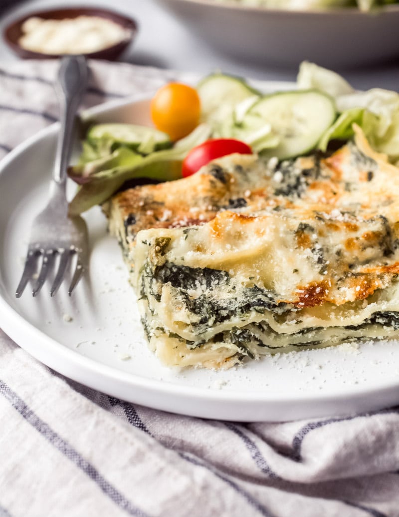 Einfache Spinat-Lasagne serviert mit Salat