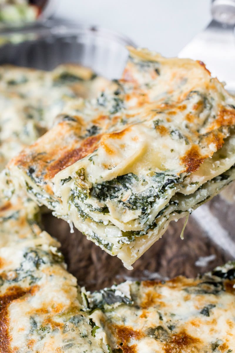 Serving easy spinach lasagna