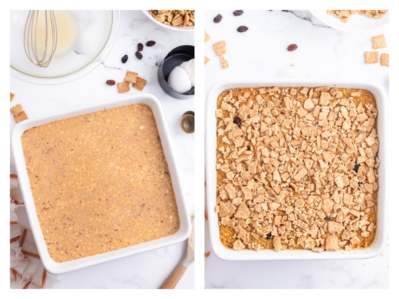 two photos showing pumpkin pie oatmeal ready for oven