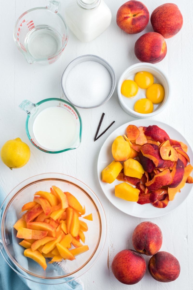 ingredients displayed for making fresh peach ice cream