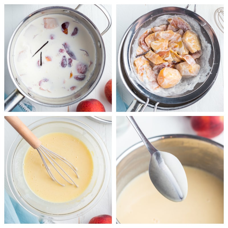 four photos showing how to make the custard for fresh peach ice cream