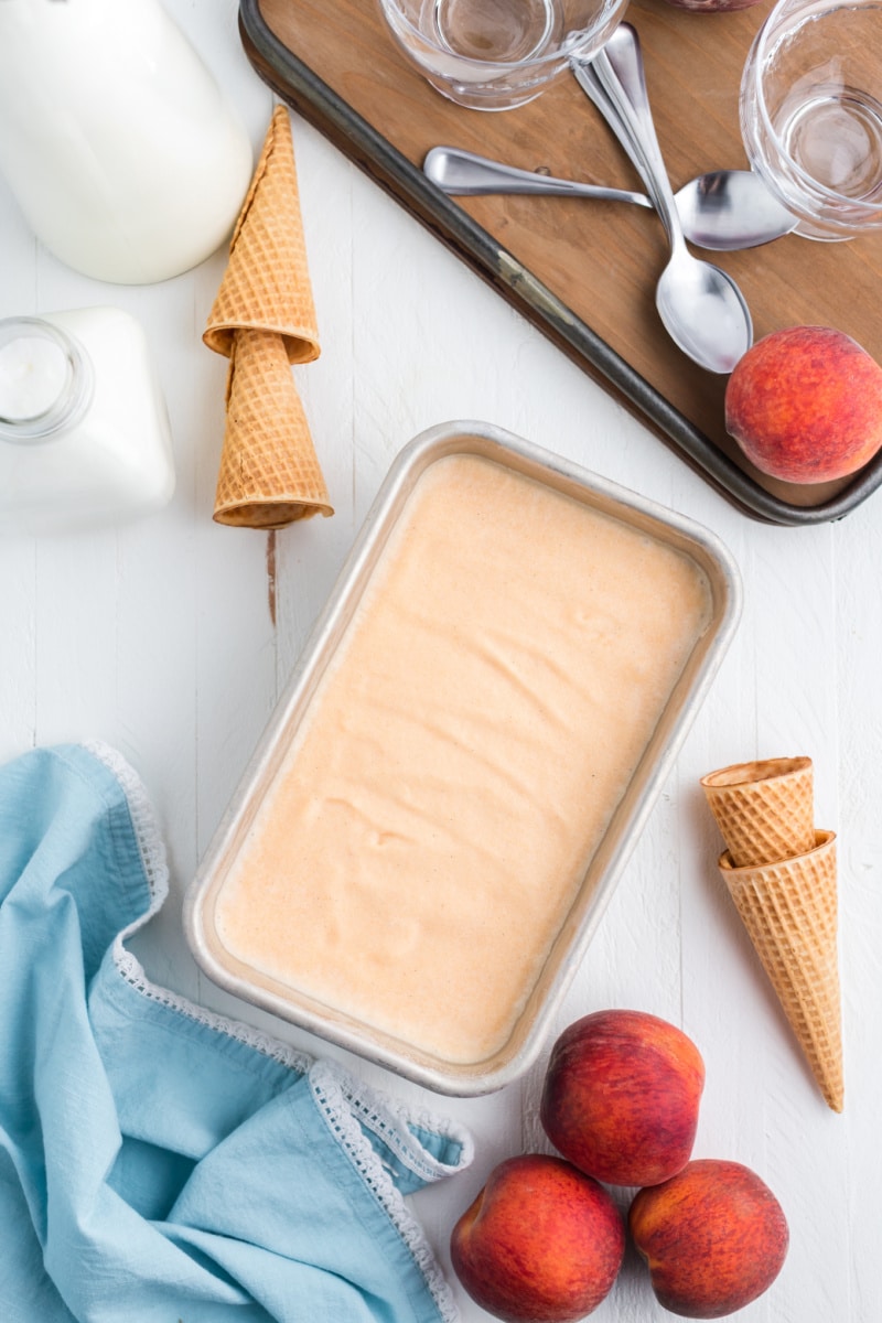 pan of fresh peach ice cream