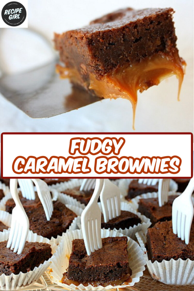 pinterest image for fudgy caramel brownies
