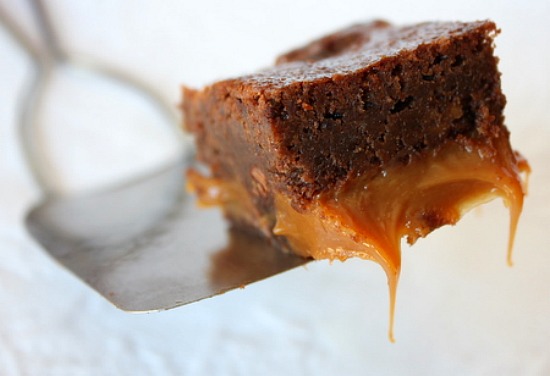 Fudgy Caramel Brownie on a spatula