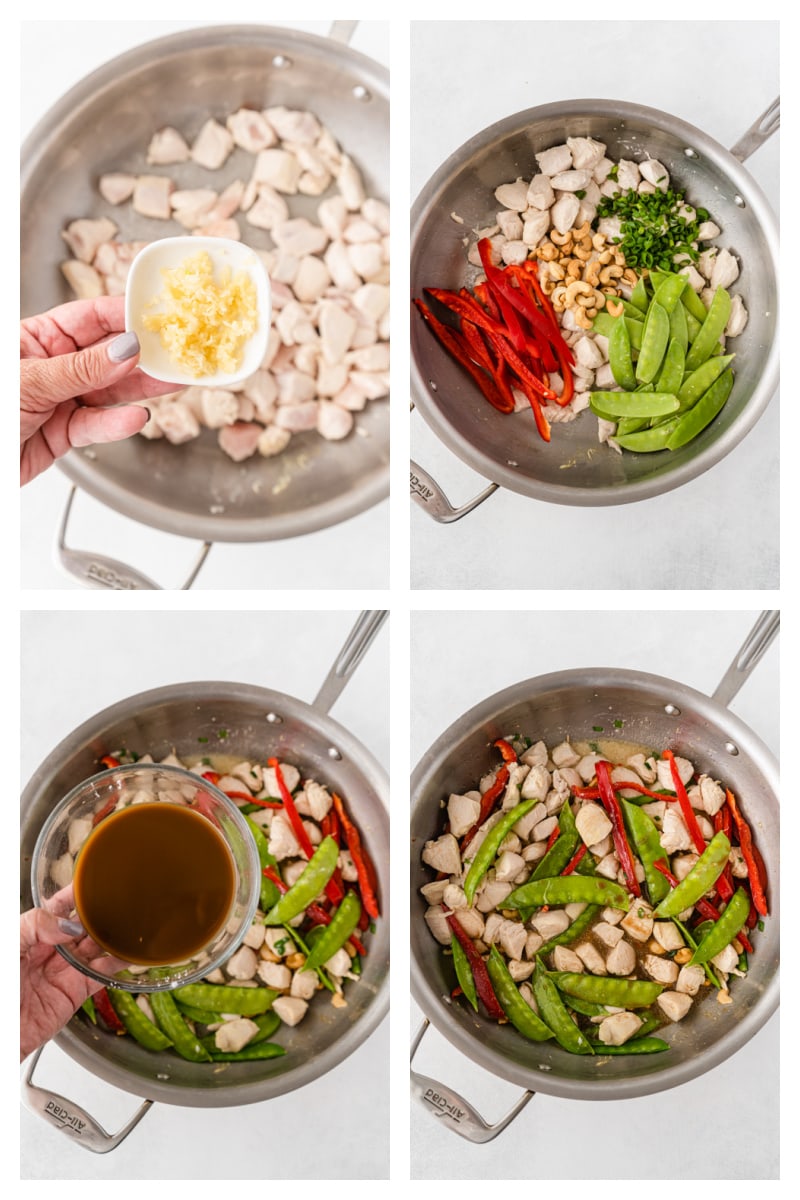 four photos showing how to make garlic chicken stir fry