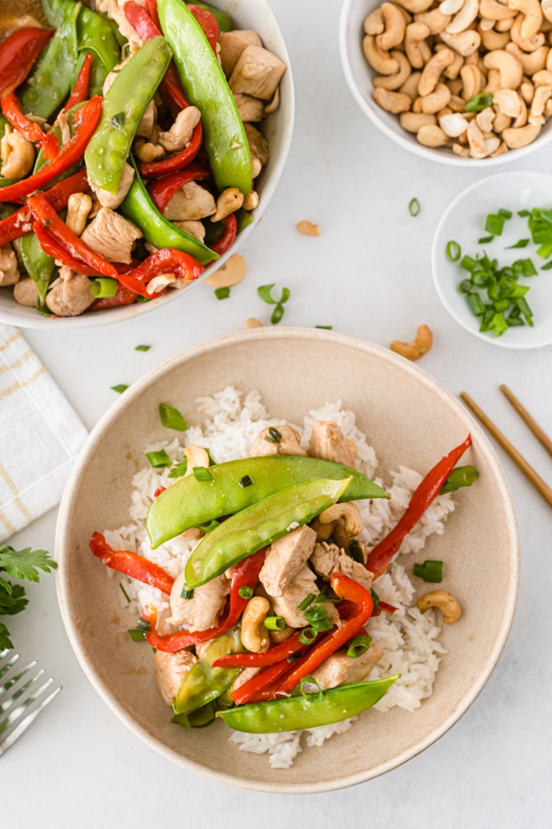 overhead shot of chicken stir fry in a bowl